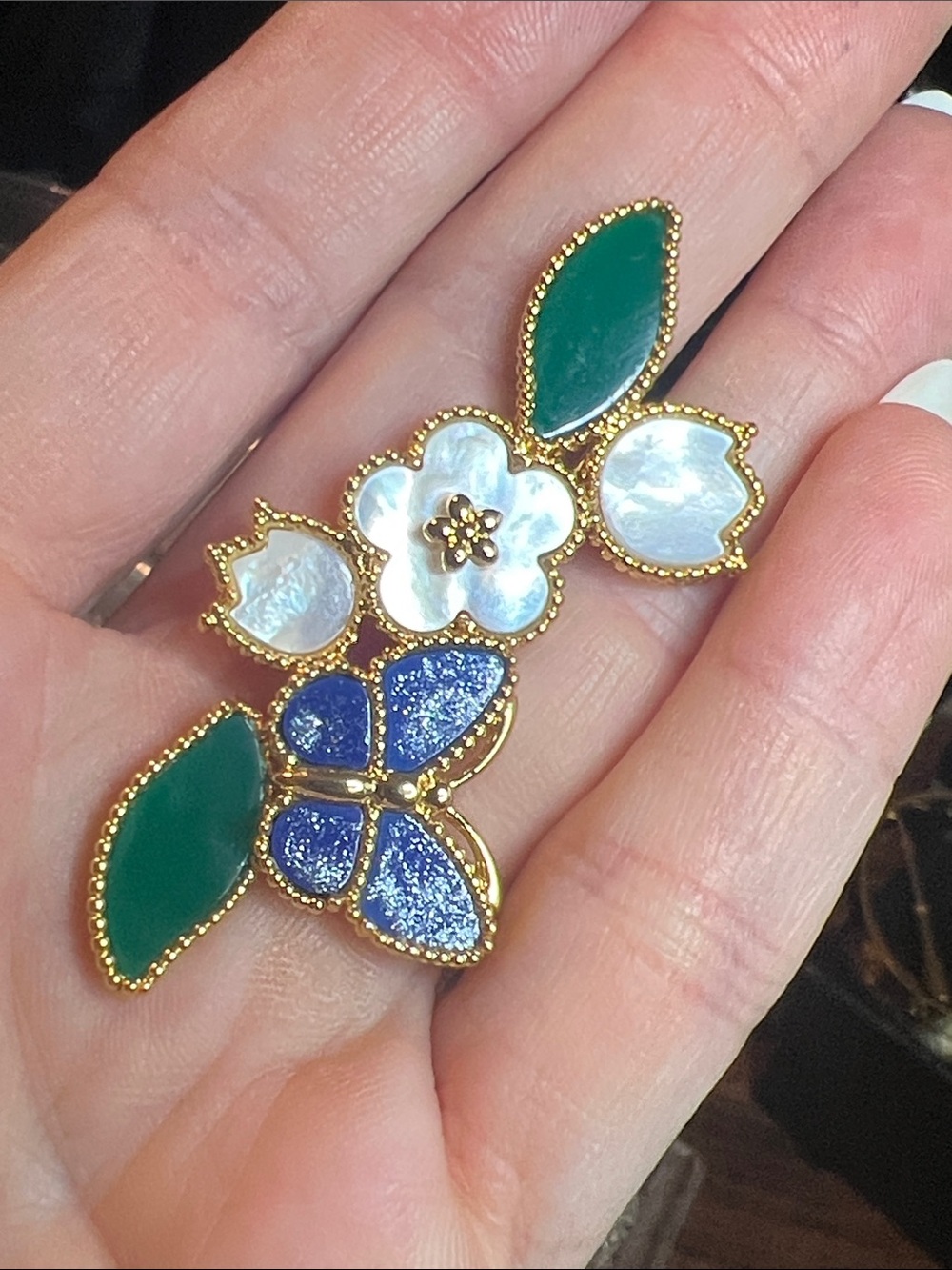 Gold Floral & Blue Butterfly Statement Brooch - Green and White Enamel